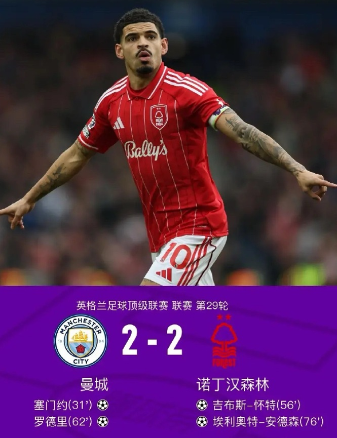 曼城2-2森林复盘，哈兰德低迷和争议判罚，蓝月亮一项数据致命